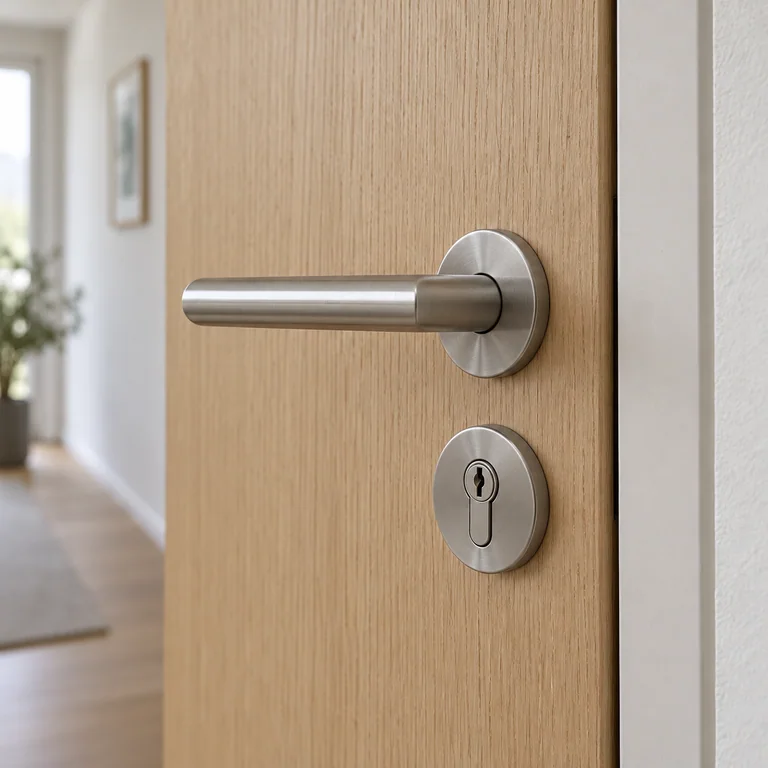 Poignée en acier brossé et cylindre sur une porte en bois